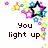 Pixelated star and flower design with text 'you light up my night!' in brown font on white background.