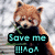 Pixelated image of a red panda wearing a black shirt with cyan text, holding green leaves, against a blurred background.