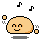 Pixelated orange character with smiling face, black outline, and musical notes floating around it on gray background.