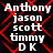 Black background with red diamond lattice overlay; white text listing names in four per