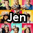 colorful featuring repeated images of a woman with blonde hair, each containing a different pose or expression, with overlaid text reading "Jen," "Luvs," and "Glee."