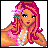Pixel art contact sheet of a mermaid character animation with pink hair, pearl necklace, and fish bubbles across five frames showing pose changes and text reveal.