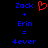 Blue text and symbols on black background with red heart symbol above 'Zack' in pixelated font.