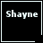 Four black square with white borders display the name 'Shayne' in pixelated text, each containing a distinct white symbol in the bottom-right corner