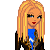 Pixelated character with long blonde hair, blue top, brown pants, and black gloves holding a black bag against gray background.