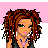 Pixel art character with curly brown hair and green eyes, wearing a black sleeveless top, purple necklace, and black skirt over striped sleeves.