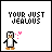 Pixel art penguin with brown feet and pink hearts above its head, paired with changing text in a