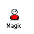 Pixelated character in red shirt with white face and black outline, shown in multiple poses and effects including raised arms, blue aura, and glowing orbs, all labeled 'Magic' below.