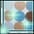 Four identical square arranged in a , each containing a pattern of overlapping circles in muted blue, brown, and beige tones with a light blue border