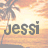 Pixelated beach scene with palm tree silhouette against sunset sky and text 'Jessi' in dark gray block letters.