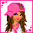 A 3x3 pixel art contact sheet of a female character with long brown hair wearing a pink cap, white shirt, and black pants across nine frames showing pose variations and text elements.