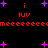 Black background with red 'me' text repeating horizontally, purple plus signs scattered throughout, and red 'i luv' text appearing in two vertical