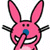 Pink cartoon bunny with blue nose covers mouth, surrounded by purple pixelated text reading 'Uck!', 'it smells', 'like teachers in here!' on white background.