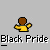 Pixel art of a brown-skinned figure in a yellow shirt with arms raised, repeated three times above and below a gray background, with text reading "Black Pride" under each figure.