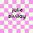 Pixelated text 'julie sivilay' on pink and white checkered background with animated sparkles appearing in top-right and bottom-right corners.