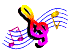 Animated music-themed icon with a large pink and red treble clef, blue musical staff lines, and floating notes changing color across frames.