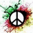 A pixelated peace symbol with a black outline, white interior, and gray crossbar, surrounded by a multicolored splatter of green, red, brown, and yellow pixels on a white background.