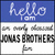 Pixelated blue header with 'hello tom' text above white section containing 'JONAS BROTHERS' and abstract shapes.