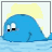 Blue whale-like creature with large eyes and a rounded body emerges from water, displaying sequential animation of head movements and spout effects.