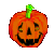 Two pixelated pumpkin icons side-by-side on a gray background, each with green stem and orange body showing different facial expressions in separate frames.