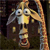 Pixelated figure with large eyes and open mouth holding a yellow object, standing before a dark background with a tall vertical structure.