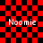 Red and black checkered background with four instances of the text "Noomie" in white pixelated font, two with a circular overlay and two without