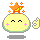 Pixelated yellow circular character with closed eyes, pink cheek marks, and orange star on head; four variations show mouth changes from neutral to open, hand gestures, and 'OK!' text.