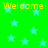 Green background with light blue stars and yellow 'Welcome! Welcome!' text repeated twice.