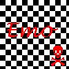 Black-and-white checkered background with red text reading 'Emo' and a small red cartoon character with crossed arms in the bottom-right corner.