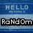 Blue background with 'HELLO' text above two black rectangles containing mixed-case 'Random' and 'rAmDoM' text, showing animation changes in letter case.