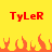 Yellow background with red text 'TyLeR' repeated twice above orange pixelated flames.