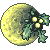 Pixel art of a large yellow moon with craters, partially obscured by dark green foliage and four glowing white-yellow orbs.