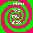 Four identical spiral patterns with alternating green and pink rings, each containing stacked white text reading helen, rox, my, sox.