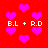 Red background with scattered pink hearts and repeated white text 'B.L + R.D' in four locations.
