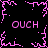 Pixelated pink text and abstract shapes on black background with four 'OUCH' labels and central starburst pattern.