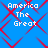 Blue background with red geometric patterns and white text reading "America The Great" in four quadrants.