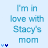 Pixelated blue text on light background reads "I'm in love with Stacy's mom" with two small blue symbols below, animated to shift slightly left-right.