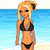 Pixelated image of a blonde woman in a black bikini standing on a beach with blue water and sand background.