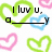 Pixelated graphic with green and blue heart outlines, black text reading 'I luv u.', a horizontal line, and pink heart shapes on white background.