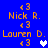 Blue background displays orange text names with repeated '◄3' symbols and two heart icons in white and light blue.