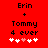 Red background with black text 'Erin + Tommy 4 ever' and five white hearts, one pink heart in the center.
