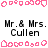 Pixelated text "Mr. & Mrs. Cullen" repeated three times in black, surrounded by pink decorative borders on a white background.