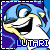 A 6-frame animated contact sheet of a blue cartoon Lutari character with yellow accents, smiling widely and showing teeth, displayed on a purple background with the text "LUTHRI" below each frame.