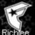 A white stylized 'F' with a black star inside, repeated three times on a dark background with faint circular patterns and partial text below.