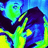 A pixelated figure with green face and blue hair in a dark outfit, making a hand gesture with fingers extended, displayed in a of four