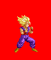 Pixel art character with spiky blonde hair in purple martial arts uniform, shown across three distinct poses on red background.