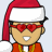 Pixelated character wearing red Santa hat with white trim, heart-shaped red sunglasses, and orange jacket over yellow shirt.