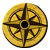 A circular golden icon with a dark brown cross dividing it into four quadrants, each containing a stylized triangular shape around a central black circle.