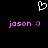 Pixelated white heart symbol above two identical pink text strings reading 'jason :)' on black background.