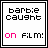 Animated sequence showing text 'barbie caught on film!' with pixelated transitions to close-up views of a person's face and hand holding a red object.